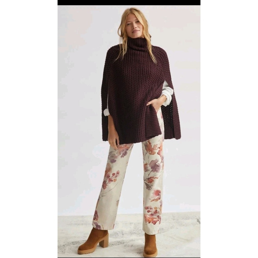 Anthropologie women’s poncho knit pullover turtle neck wine burgundy one size